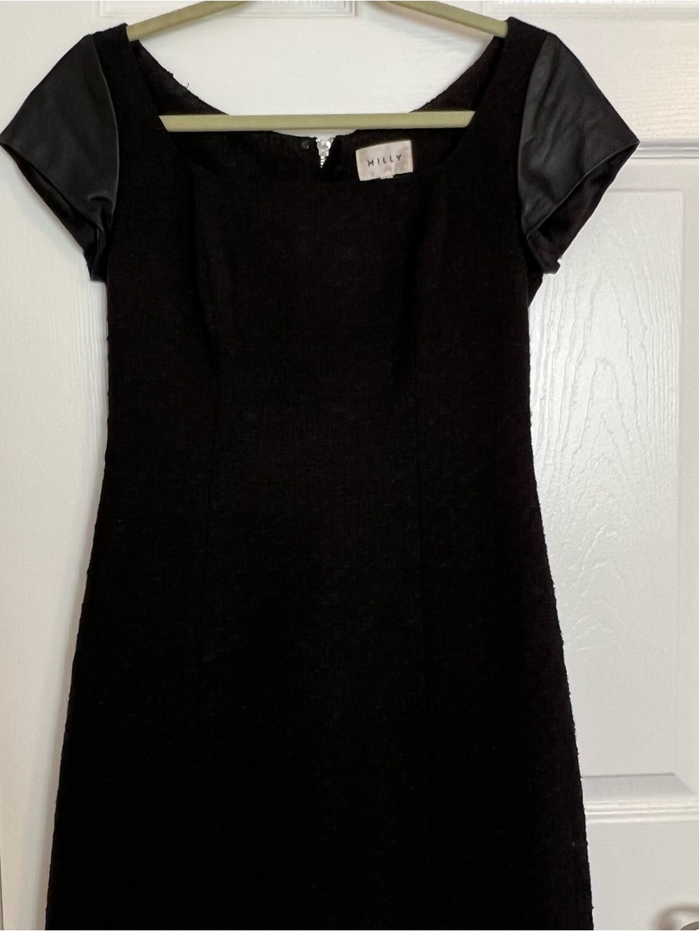 Milly Black Cap-Sleeve Sheath Dress with Leather Sleeves